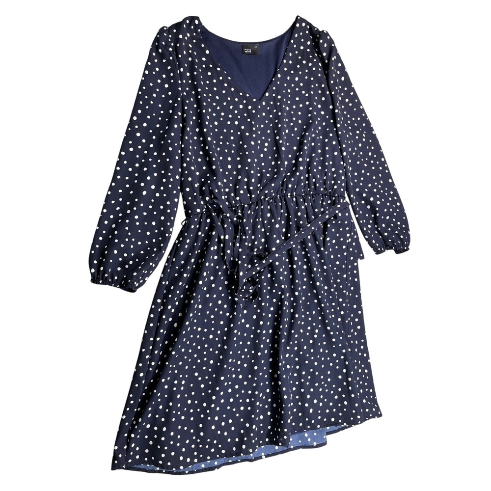 Muse Petite XL Petite Navy Polka Dot Dress Tie‎ Waist Long Sleeve